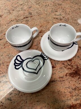 Ceramic Cappuccino & Saucer Set with Navy Heart Motif - 2pc from Italy